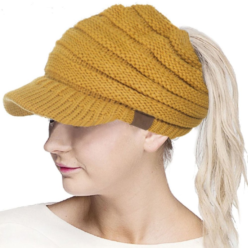 Diona J New Warm Brim Visor Ponytail Beanie Ski Yellow Hat Knitted Stretchy Cap